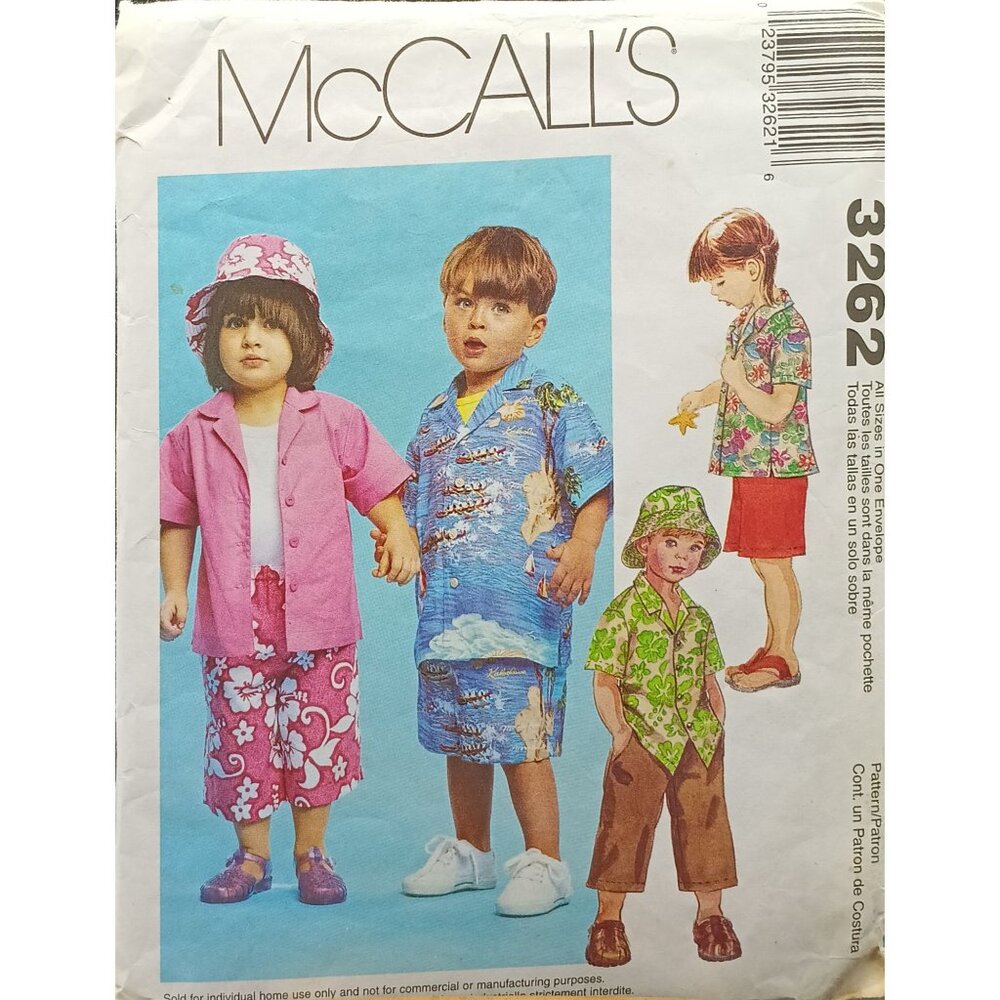Vintage McCalls 3262 Toddlers Shirt Pants Shorts & Hat Pattern 2001